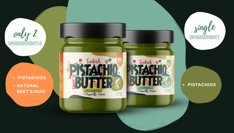 peppertux farms pistachio butters with clean non-GMO organic ingredients, pistachio cream, unrefined sugar