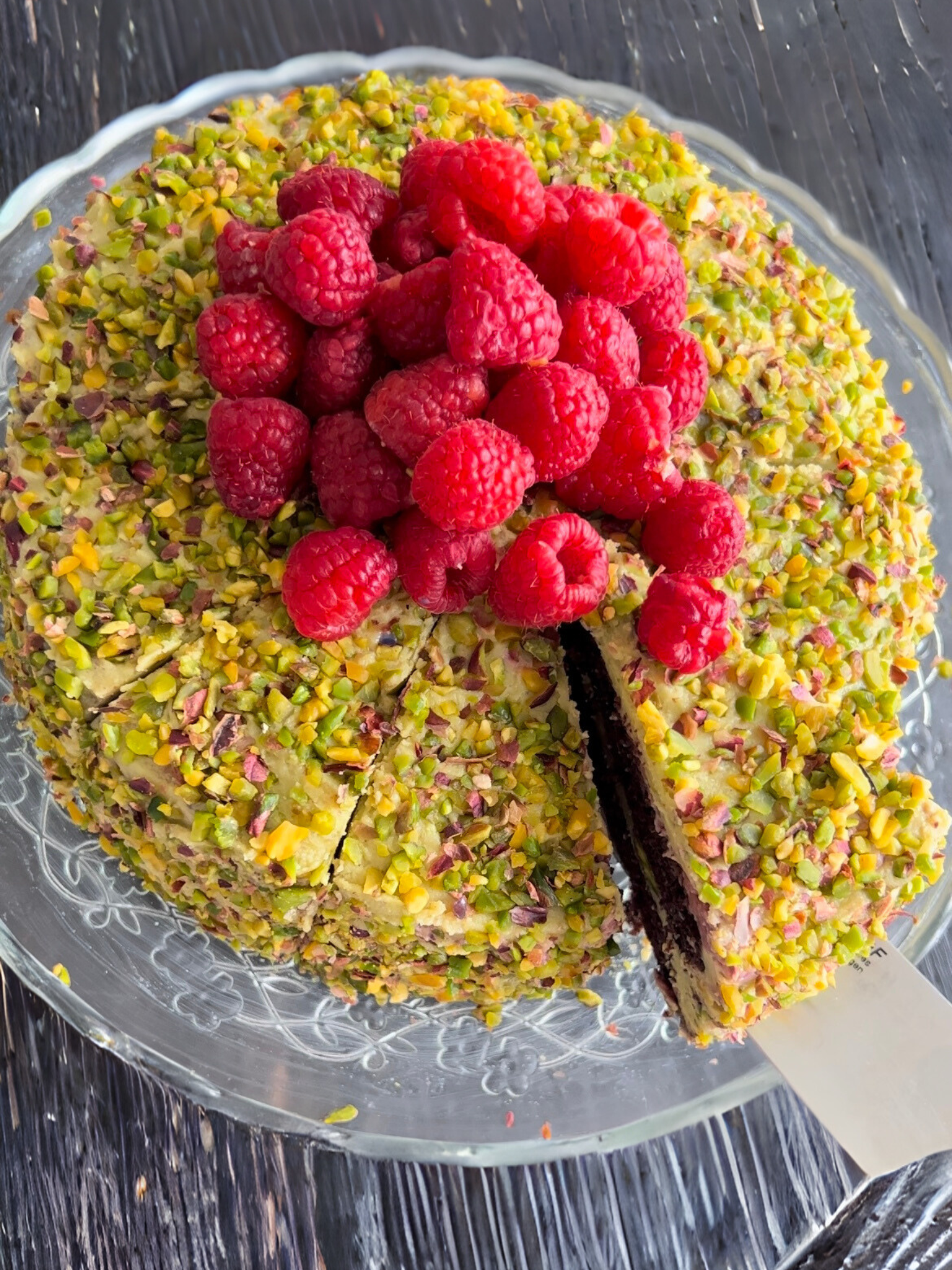 Gluten Free Pistachio Chocolate Raspberry Cake