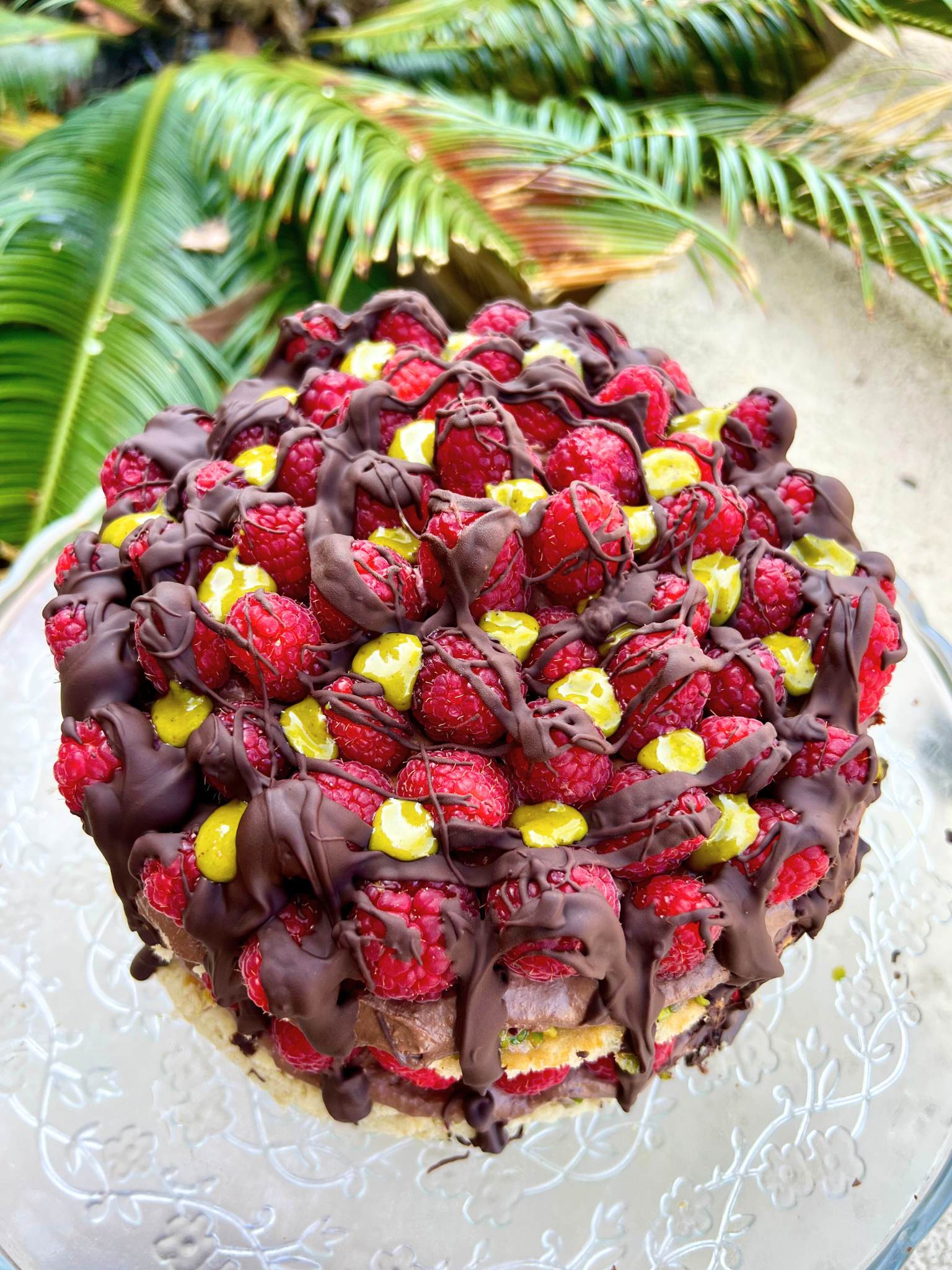 Chocolate Pistachio Raspberry Cake