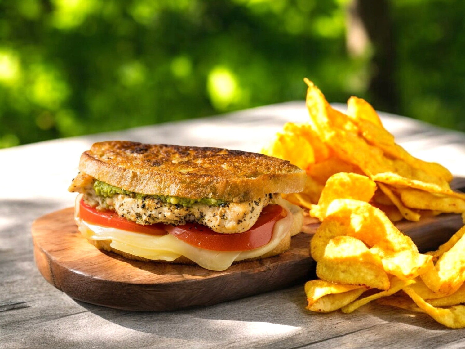 grilled chicken sandwich topped with creamy pistachio pesto, tomato and mozzarella cheese, and served on toasted bread, peppertux pistachio pesto