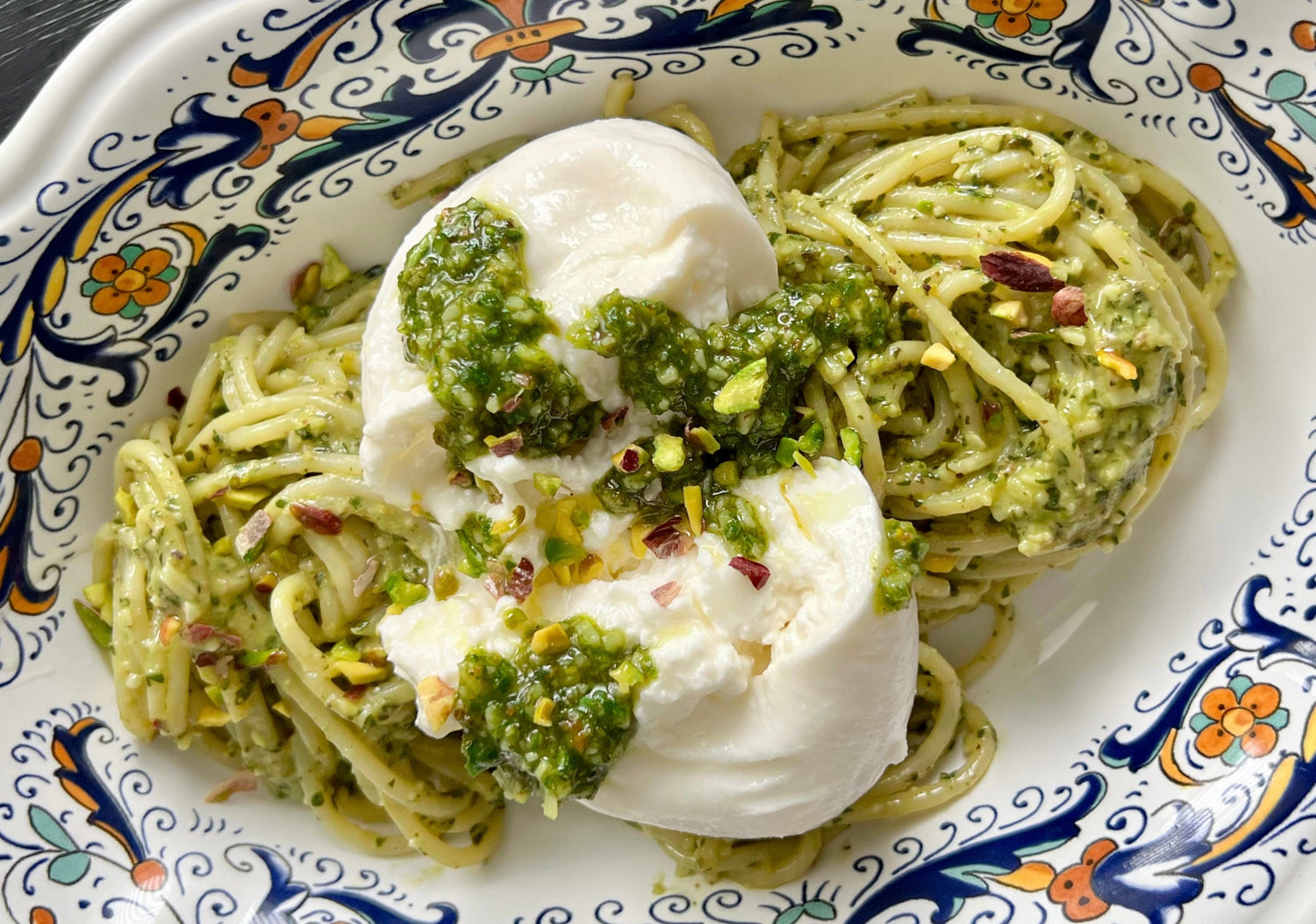 pesto pasta, pistachio butter pesto, pasta with pistachio butter, pistachio pesto pasta with burrata cheese
